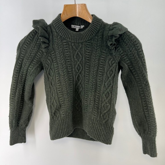 Madewell Sweaters - Madewell Hollydene Sweater XS Green Merino Wool Cable Knit Ruffle Puff Sleeve